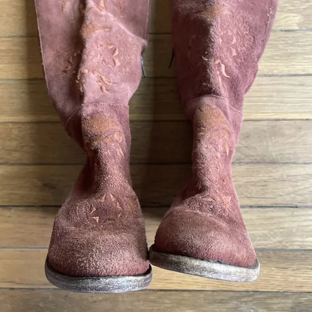 Free People Brown High Noon Suede Embroidered Over Knee Boots Sz EU 37/US 6.5